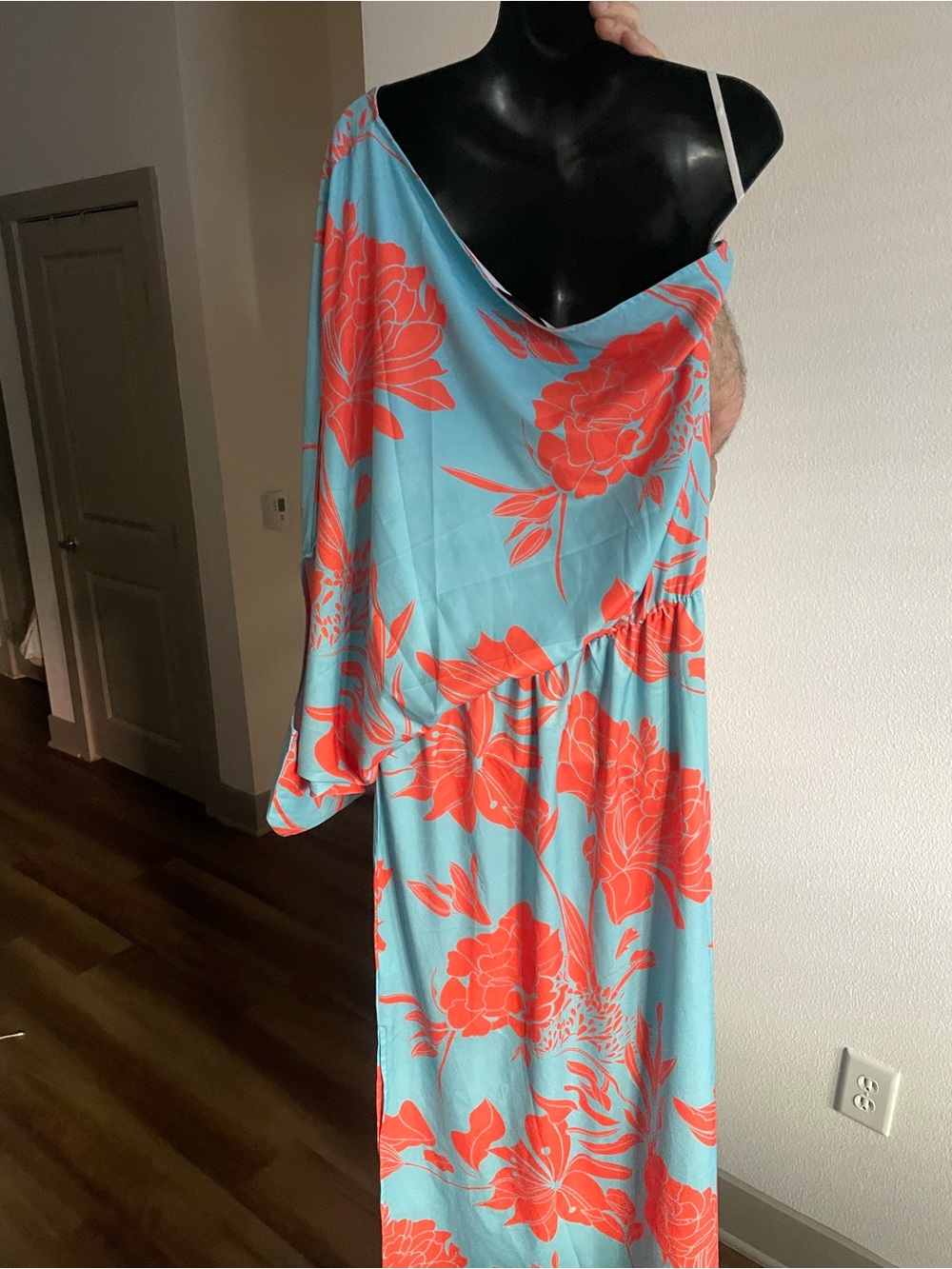 One-Shoulder Turquoise Dress with Coral Floral Print